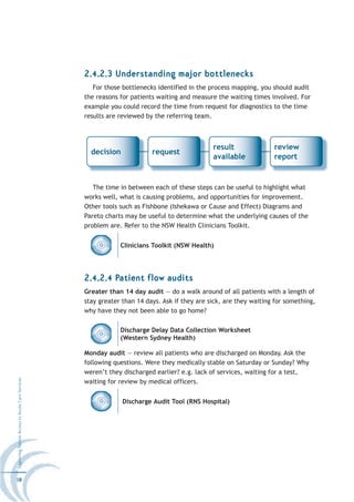 2.4.2.3 Understanding major bottlenecks
                                                     For those bottlenecks identified in the process mapping, you should audit
                                                  the reasons for patients waiting and measure the waiting times involved. For
                                                  example you could record the time from request for diagnostics to the time
                                                  results are reviewed by the referring team.



                                                                                              result               review
                                                    decision             request
                                                                                              available            report


                                                     The time in between each of these steps can be useful to highlight what
                                                  works well, what is causing problems, and opportunities for improvement.
                                                  Other tools such as Fishbone (Ishekawa or Cause and Effect) Diagrams and
                                                  Pareto charts may be useful to determine what the underlying causes of the
                                                  problem are. Refer to the NSW Health Clinicians Toolkit.


                                                              Clinicians Toolkit (NSW Health)




                                                  2.4.2.4 Patient flow audits
                                                  Greater than 14 day audit — do a walk around of all patients with a length of
                                                  stay greater than 14 days. Ask if they are sick, are they waiting for something,
                                                  why have they not been able to go home?

                                                              Discharge Delay Data Collection Worksheet
                                                              (Western Sydney Health)

                                                  Monday audit — review all patients who are discharged on Monday. Ask the
                                                  following questions. Were they medically stable on Saturday or Sunday? Why
                                                  weren’t they discharged earlier? e.g. lack of services, waiting for a test,
Improving Patient Access to Acute Care Services




                                                  waiting for review by medical officers.


                                                               Discharge Audit Tool (RNS Hospital)




18
 