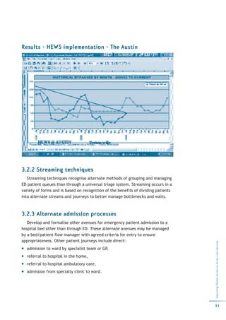 Results - HEWS implementation - The Austin




3.2.2 Streaming techniques
   Streaming techniques recognise alternate methods of grouping and managing
ED patient queues than through a universal triage system. Streaming occurs in a
variety of forms and is based on recognition of the benefits of dividing patients
into alternate streams and journeys to better manage bottlenecks and waits.



3.2.3 Alternate admission processes
   Develop and formalise other avenues for emergency patient admission to a
hospital bed other than through ED. These alternate avenues may be managed
by a bed/patient flow manager with agreed criteria for entry to ensure
appropriateness. Other patient journeys include direct:
                                                                                    Improving Patient Access to Acute Care Services




  admission to ward by specialist team or GP,
  referral to hospital in the home,
  referral to hospital ambulatory care,
  admission from specialty clinic to ward.




                                                                                    53
 