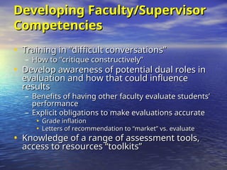 Developing Faculty/Supervisor
Developing Faculty/Supervisor
Competencies
Competencies
• Training in “difficult conversations”
Training in “difficult conversations”
– How to “critique constructively”
How to “critique constructively”
• Develop awareness of potential dual roles in
Develop awareness of potential dual roles in
evaluation and how that could influence
evaluation and how that could influence
results
results
– Benefits of having other faculty evaluate students’
Benefits of having other faculty evaluate students’
performance
performance
– Explicit obligations to make evaluations accurate
Explicit obligations to make evaluations accurate
• Grade inflation
Grade inflation
• Letters of recommendation to “market” vs. evaluate
Letters of recommendation to “market” vs. evaluate
• Knowledge of a range of assessment tools,
Knowledge of a range of assessment tools,
access to resources “toolkits”
access to resources “toolkits”
 