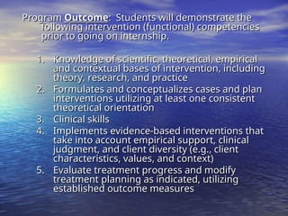 Program
Program Outcome
Outcome: Students will demonstrate the
: Students will demonstrate the
following intervention (functional) competencies
following intervention (functional) competencies
prior to going on internship.
prior to going on internship.
1.
1. Knowledge of scientific, theoretical, empirical
Knowledge of scientific, theoretical, empirical
and contextual bases of intervention, including
and contextual bases of intervention, including
theory, research, and practice
theory, research, and practice
2.
2. Formulates and conceptualizes cases and plan
Formulates and conceptualizes cases and plan
interventions utilizing at least one consistent
interventions utilizing at least one consistent
theoretical orientation
theoretical orientation
3.
3. Clinical skills
Clinical skills
4.
4. Implements evidence-based interventions that
Implements evidence-based interventions that
take into account empirical support, clinical
take into account empirical support, clinical
judgment, and client diversity (e.g., client
judgment, and client diversity (e.g., client
characteristics, values, and context)
characteristics, values, and context)
5.
5. Evaluate treatment progress and modify
Evaluate treatment progress and modify
treatment planning as indicated, utilizing
treatment planning as indicated, utilizing
established outcome measures
established outcome measures
 