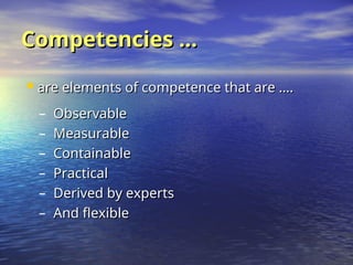 Competencies …
Competencies …
– Observable
Observable
– Measurable
Measurable
– Containable
Containable
– Practical
Practical
– Derived by experts
Derived by experts
– And flexible
And flexible
 are elements of competence that are ….
are elements of competence that are ….
 