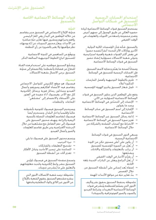 ‫الصندوق على اإلنترنت‬
‫استخدام احلسابات الرسمية‬
‫للصندوق في شبكات التواصل‬
‫االجتماعي‬

‫يستخدم الصندوق قنوات الوسائط االجتماعية لزيادة‬
‫حضوره العاملي عن طريق الوصول إلى جمهور أعرض‬
‫وتقدمي مجموعة واسعة من احملتويات واملعلومات في‬
‫الوقت احلقيقي.‬

‫والصندوق، شأنه شأن املؤسسات املالية الدولية‬
‫األخرى ووكاالت األمم املتحدة، أنشأ لنفسه حضورا ً‬
‫في بعض أكثر القنوات شعبية وأهمية استراتيجية.‬
‫وتتولى شعبة االتصاالت مسؤولية إنشاء حضور‬
‫الصندوق في قنوات الوسائط االجتماعية.‬
‫وضمانا ً لصحة ما يقدم وحماية السم الصندوق،‬
‫َّ‬
‫فإن احلسابات الرسمية للصندوق في الوسائط‬
‫االجتماعية:‬
‫— —تلتزم باخلطوط التوجيهية وأفضل املمارسات‬
‫املذكورة أعاله.‬
‫— —حتمل شعار الصندوق وحتترم الهوية املؤسسية.‬
‫وتقع على املوظفني الذين ميثلون الصندوق في قنوات‬
‫الوسائط االجتماعية املسؤولية عن اآلتي:‬
‫— —اإلنصات إلى املتحدثني في الوسائط االجتماعية‬
‫ّ‬
‫ورصد ما يقولون‬
‫— —اإلشارة إلى اسم الصندوق في منابر الوسائط‬
‫االجتماعية‬
‫— —إذاعة رسائل الصندوق عبر الوسائط االجتماعية‬
‫— —تعزيز صورة الصندوق في الوسائط االجتماعية‬
‫— —االنخراط مع أصحاب املصلحة والشركاء من‬
‫خالل الوسائط االجتماعية.‬
‫وينبغي حملتوى الصندوق في قنوات الوسائط‬
‫االجتماعية الرسمية:‬
‫— —أن يكون على أعلى مستوى ممكن من اجلودة‬
‫— —أن يُعبر عن الصورة املؤسسية للصندوق‬
‫ِّ‬
‫— —أن يرحب بالتعليقات واملشاركة واحملادثات‬
‫ِّ‬
‫ويشجعها‬
‫ّ‬
‫— —أن يقدم األخبار في الوقت احلقيقي‬
‫ِّ‬
‫— —أن يُعزِّز البرامج ويعلن عن املبادرات اجلديدة بلغة‬
‫احملادثة‬
‫— —إضفاء بُعد إنساني على أنشطة الصندوق من‬
‫خالل القصص‬
‫— —بث تقارير حية من مواقع األحداث املهمة‬
‫ّ‬
‫ّ‬
‫ملحوظة: يحتفظ الصندوق بحقوق نشر وتأليف‬
‫احملتوى الذي يصمم للمنظمة ويُنشر في قنوات‬
‫َ‬
‫َّ‬
‫الوسائط االجتماعية (التغريدات، وشرائط الفيديو،‬
‫والصوت، والصور الفوتوغرافية، والتدوينات).‬

‫1‬

‫2‬

‫3‬

‫استخدام الوسائط االجتماعية‬

‫قنوات الوسائط االجتماعية اخلاصة‬
‫بالصندوق‬
‫املدوَّنة‬

‫مدونة اإلبالغ االجتماعي في الصندوق منبر يتقاسم‬
‫ّ‬
‫من خالله املوظفون في امليدان وفي املقر الرئيسي‬
‫ّ‬
‫رؤاهم وخبراتهم وينشرون فيها تقارير حية مباشرة‬
‫ّ‬
‫من األحداث. ويعبر محتوى التدوينات عن آراء ووجهات‬
‫ِّ‬
‫نظر مؤلّفيها وال يعبر بالضرورة عن رأي املنظمة.‬
‫ويتوقع من املساهمني في املدونة االجتماعية‬
‫ّ‬
‫للصندوق اتباع اخلطوط التوجيهية السالفة الذكر.‬
‫ويشجع الصندوق موظفيه على استخدام هذه القناة‬
‫ِّ‬
‫للدفاع عن قضايانا وأنشطتنا. ولالنضمام إلى مدونة‬
‫ّ‬
‫الصندوق، يرجى االتصال بشعبة االتصاالت.‬

‫فيسبوك‬

‫فيسبوك هو موقع إلكتروني للتواصل االجتماعي‬
‫يتقاسم فيه األعضاء أفكارهم وصورهم وأعمال‬
‫الفيديو ويتبادلون رسائل فورية ورسائل إلكترونية‬
‫كل مع اآلخر. وفيسبوك أداة مفيدة في العثور‬
‫على األصدقاء واالنضمام إلى "مشجعي"‬
‫ّ‬
‫اجلماعات واملنظمات.‬
‫ِ‬
‫ويستخدم الصندوق فيسبوك للتوعية بأنشطته‬
‫ِ‬
‫عامليا ً وإقليميا ً وداخل البلدان. ونستخدم أيضا ً‬
‫فيسبوك لتقاسم املعلومات املتصلة بالتنمية‬
‫الريفية والزراعة. ويهدف محتوى الصندوق على‬
‫فيسبوك إلى حفز التفاعل مع مشجعينا من خالل‬
‫ّ‬
‫الدردشة االفتراضية وعن طريق تقاسم املعلومات‬
‫والصور وأعمال الفيديو.‬
‫ويتسم محتوى الصندوق على فيسبوك مبا يلي:‬
‫— —نبرة الترحيب‬
‫— —تشجيع التعليقات واملشاركات‬
‫— —املساعدة على تيسير األحاديث وتبادل األفكار‬
‫— —تقدمي حملات عن أنشطة الصندوق‬
‫وتسمح صفحة الصندوق في فيسبوك ملؤيدي‬
‫ّ‬
‫الصندوق بنشر روابط إلكترونية وحتديث معلوماتهم‬
‫والتعليق على ما يُنشر من تدوينات.‬
‫َ‬
‫ملحوظة: ترصد شعبة االتصاالت احملتوى الذي‬
‫ينشره مشجعو الصندوق. وتقوم الشعبة باإلبالغ‬
‫عن احملتوى غير الالئق واملواد التطفلية وحتذفها.‬
‫ُّ‬

‫9‪D‬‬

 