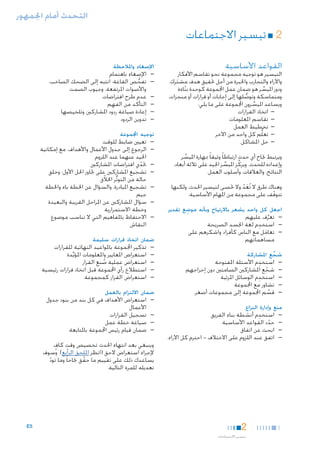 ‫التحدث أمام اجلمهور‬

‫22■ تيسير االجتماعات‬
‫القواعد األساسية‬

‫التيسير هو توجيه مجموعة نحو تقاسم األفكار‬
‫واآلراء والتجارب واخلبرة من أجل حتقيق هدف مشترك.‬
‫َ‬
‫ودور امليسر هو ضمان عمل اجملموعة كوحدة بناءة‬
‫ّ‬
‫ِّ‬
‫ومتماسكة وتوصلها إلى إجابات أو قرارات أو منجزات.‬
‫ُّ‬
‫ويساعد امليسرون اجملموعة على ما يلي:‬
‫ِّ‬
‫— —اتخاذ القرارات‬
‫— —تقاسم املعلومات‬
‫— —تخطيط العمل‬
‫— —تعلُّم كل واحد من اآلخر‬
‫— —حل املشاكل.‬
‫ويرتبط جناح أي حدث ارتباطا ً وثيقا ً مبهارة امليسر‬
‫ِّ‬
‫وإعداده للحدث. ويركِّ ز امليسر اجليد على ثالثة أبعاد:‬
‫ِّ‬
‫النتائج، والعالقات، وأسلوب العمل.‬
‫وهناك طرق ال تُعد وال حتصى لتيسير احلدث، ولكنها‬
‫َ ّ‬
‫تتوقف على مجموعة من املهام األساسية:‬
‫ّ‬

‫ِ‬
‫اجعل كل واحد يشعر باالرتياح وبأنه موضع تقدير‬

‫— —تعرف عليهم‬
‫َّ‬
‫ِ‬
‫— —استخدم لغة اجلسد الصريحة‬
‫— —تعامل مع الناس كأفراد واشكرهم على‬
‫َ‬
‫مساهماتهم‬

‫شجع املشاركة‬
‫ِّ‬
‫—‬
‫—‬
‫—‬
‫—‬
‫—‬

‫ِ‬
‫—استخدم األسئلة املفتوحة‬
‫—شجع املشاركني الصامتني دون إحراجهم‬
‫ّ‬
‫ِ‬
‫—استخدم الوسائل املرئية‬
‫—تشاور مع اجملموعة‬
‫—قسم اجملموعة إلى مجموعات أصغر.‬
‫ِّ‬

‫منع وإدارة النزاع‬
‫—‬
‫—‬
‫—‬
‫—‬

‫1‬

‫ِ‬
‫—استخدم أنشطة بناء الفريق‬
‫—حدد القواعد األساسية‬
‫ّ‬
‫—ابحث عن اتفاق‬
‫—اتفق عند اللزوم على االختالف - احترم كل اآلراء.‬

‫2‬
‫تيسير االجتماعات‬

‫اإلصغاء واملالحظة‬
‫—‬
‫—‬
‫—‬
‫—‬
‫—‬
‫—‬

‫—اإلصغاء باهتمام‬
‫—تفحص القاعة: انتبه إلى الضحك الصاخب،‬
‫ُّ‬
‫واألصوات املرتفعة، وجيوب الصمت‬
‫—عدم طرح افتراضات‬
‫—التأكد من الفهم‬
‫—إعادة صياغة ردود املشاركني وتلخيصها‬
‫—تدوين الردود‬

‫توجيه اجملموعة‬
‫—‬
‫—‬
‫—‬
‫—‬
‫—‬
‫—‬
‫—‬

‫—تعيني ضابط للوقت‬
‫—الرجوع إلى جدول األعمال واألهداف، مع إمكانية‬
‫احليد عنهما عند اللزوم‬
‫—حتدي افتراضات املشاركني‬
‫ّ‬
‫—تشجيع املشاركني على جتاوز احلل األول؛ وخلق‬
‫حالة من التوتُّر اخلالّق‬
‫—تشجيع املبادرة، والسؤال عن اخلطة باء واخلطة‬
‫جيم‬
‫—سؤال املشاركني عن املراحل القريبة والبعيدة‬
‫وخطة االستمرارية‬
‫—االحتفاظ باملفاهيم التي ال تناسب موضوع‬
‫النقاش‬

‫ضمان اتخاذ قرارات سليمة‬
‫—‬
‫—‬
‫—‬
‫—‬
‫—‬

‫—تذكير اجملموعة باملواعيد النهائية للقرارات‬
‫—استعراض املعايير واملعلومات املؤيِّدة‬
‫—استعراض عملية صنع القرار‬
‫ُ‬
‫—استطالع رأي اجملموعة قبل اتخاذ قرارات رئيسية‬
‫—استعراض القرار كمجموعة.‬

‫ضمان االلتزام بالعمل‬
‫—‬
‫—‬
‫—‬
‫—‬

‫—استعراض األهداف في كل بند من بنود جدول‬
‫األعمال‬
‫—تسجيل القرارات‬
‫—صياغة خطة عمل‬
‫—ضمان قيام رئيس اجملموعة باملتابعة.‬

‫ٍ‬
‫ٍ‬
‫وينبغي بعد انتهاء احلدث تخصيص وقت كاف‬
‫إلجراء استعراض الحق (انظر امللحق الرابع). وسوف‬
‫يساعدك ذلك على تقييم ما حقق جناحا ً وما تود‬
‫ّ‬
‫ّ‬
‫تعديله للمرة التالية.‬

‫5‪E‬‬

 