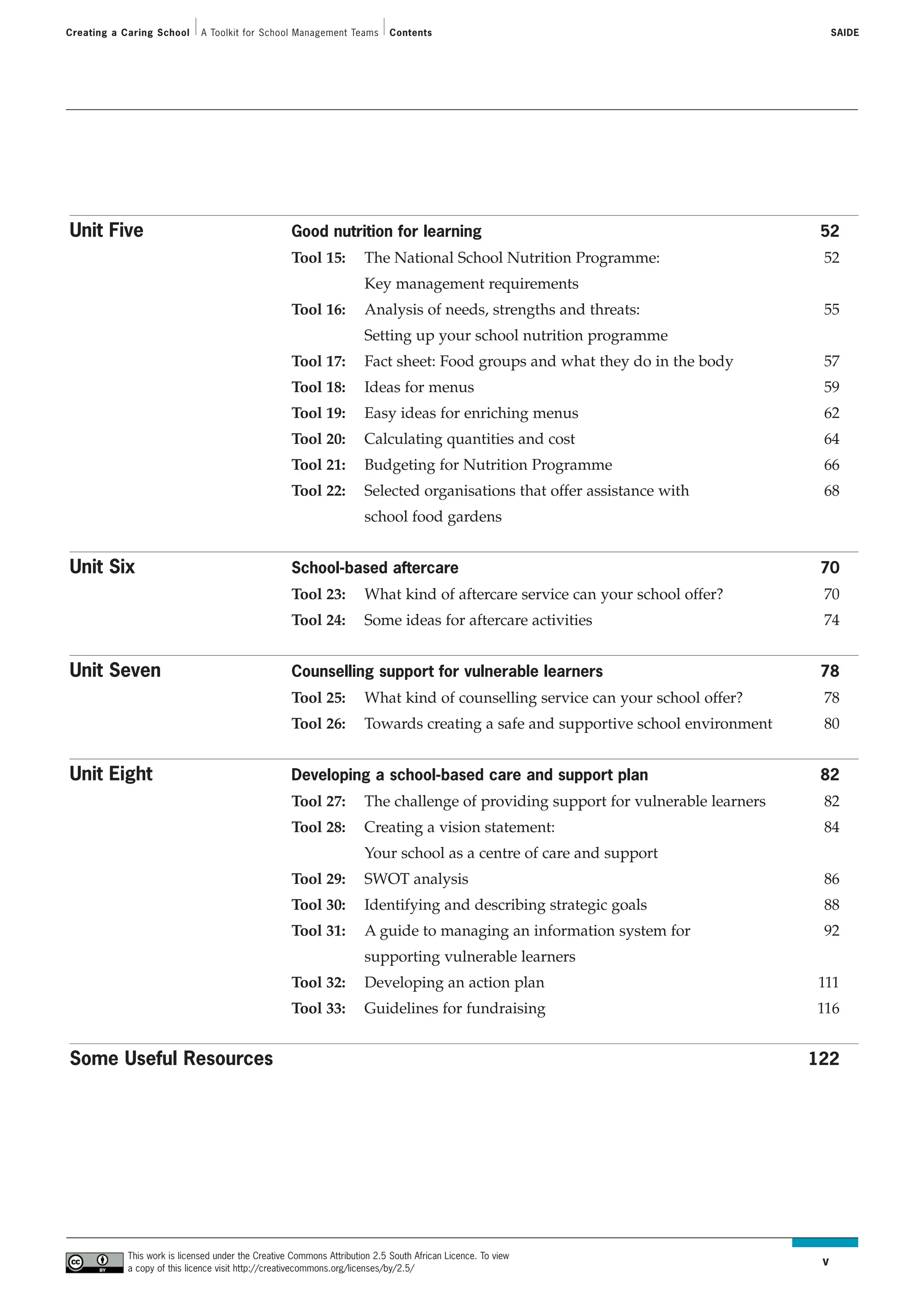 Creating a Caring School      A Toolkit for School Management Teams          Contents                                                   SAIDE




Unit Five                                           Good nutrition for learning                                                     52
                                                    Tool 15:          The National School Nutrition Programme:                      52
                                                                      Key management requirements
                                                    Tool 16:          Analysis of needs, strengths and threats:                     55
                                                                      Setting up your school nutrition programme
                                                    Tool 17:          Fact sheet: Food groups and what they do in the body          57
                                                    Tool 18:          Ideas for menus                                               59
                                                    Tool 19:          Easy ideas for enriching menus                                62
                                                    Tool 20:          Calculating quantities and cost                               64
                                                    Tool 21:          Budgeting for Nutrition Programme                             66
                                                    Tool 22:          Selected organisations that offer assistance with             68
                                                                      school food gardens


Unit Six                                            School-based aftercare                                                          70
                                                    Tool 23:          What kind of aftercare service can your school offer?         70
                                                    Tool 24:          Some ideas for aftercare activities                           74


Unit Seven                                          Counselling support for vulnerable learners                                     78
                                                    Tool 25:          What kind of counselling service can your school offer?       78
                                                    Tool 26:          Towards creating a safe and supportive school environment     80


Unit Eight                                          Developing a school-based care and support plan                                 82
                                                    Tool 27:          The challenge of providing support for vulnerable learners    82
                                                    Tool 28:          Creating a vision statement:                                  84
                                                                      Your school as a centre of care and support
                                                    Tool 29:          SWOT analysis                                                 86
                                                    Tool 30:          Identifying and describing strategic goals                    88
                                                    Tool 31:          A guide to managing an information system for                 92
                                                                      supporting vulnerable learners
                                                    Tool 32:          Developing an action plan                                    111
                                                    Tool 33:          Guidelines for fundraising                                   116


Some Useful Resources                                                                                                              122




            This work is licensed under the Creative Commons Attribution 2.5 South African Licence. To view
            a copy of this licence visit http://creativecommons.org/licenses/by/2.5/
                                                                                                                                    v
 