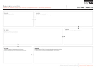 Desenvolvimento, Impacto & VocêFERRAMENTAS PRÁTICAS PARA ESTIMULAR & APOIAR INOVAÇÃO SOCIAL
Desenvolvimento, Impacto & Você FERRAMENTAS PRÁTICAS PARA ESTIMULAR & APOIAR INOVAÇÃO S
Desenvolvimento, Impacto & VocêFERRAMENTAS PRÁTICAS PARA ESTIMULAR & APOIAR INOVAÇÃO SOCIAL
20 MINS
Definir quem será o o foco da sessão
(ex. Trabalhar em grupos pequenos para criar personas)
19
Eu quero gerar novas ideias
através do trabalho junto com pessoas que experienciam e resolvem problemas 	 OFICINA CRIATIVA
30 MINS
Continuar desenvolvendo com base nas oportunidades identificadas pelas ferramentas que usaram
(ex. Mapa de Promessas e Potenciais, Canvas de Modelo de Negócio, Teoria de Mudança)
15 MINS
Coloque esses em uma parede onde todos possam enxergar.
15 MINS
Compartilhe os resultados do mapa de jornada com as outras equipes.
Compartilhe oportunidades onde o grupo acha que pode criar ou adicionar valor.
5 MINS
Introduzir o cronograma da oficina
30 MINS
Definir como o usuário alvo irá utilizar sua oferta
(ex. Criar um mapa de jornada pra cada persona)
 