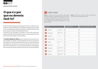 Desenvolvimento, Impacto & VocêMENTAS PRÁTICAS PARA ESTIMULAR & APOIAR INOVAÇÃO SOCIAL
Desenvolvimento, Impacto & Você FERRAMENTAS PRÁTICAS PARA ESTIMULAR & APOIAR INOVAÇÃO SOCIAL
Desenvolvimento, Impacto & VocêMENTAS PRÁTICAS PARA ESTIMULAR & APOIAR INOVAÇÃO SOCIAL
Desenvolvimento, Impacto & Você FERRAMENTAS PRÁTICAS PARA ESTIMULAR & APOIAR INOVAÇÃO SOCIAL
Essa ferramenta permite que uma equipe gere ideias ao olhar para um
problema ou oportunidade de uma variedade de perspectivas. Isso ajuda
a criar novas ideias para soluções em potencial, e também fortalece atuais
ofertas, já que as desafia via abordagens diferentes.
Composto de sete abordagens, ou desafios, você escolher aquelas que
parecemmaisaplicáveisparamelhoravançarnotemaemquestão,usando
a ferramenta para inspirar conversas futuras.
O Gerador Rápido de Ideias ajuda a enquadrar ideias, problemas ou
oportunidades em relação a cenários diferentes. Ele estica o pensamento
quecompõeumconceitoemdireçõesdiferentes,provendoumadiscussão
estimulante que vai fortalecer o conceito ainda mais. Para usar a ferra-
menta de forma eficiente, o ponto de partida (problema, oportunidade,
ideia conceitual ou proposta existente) deveria estar claramente definido.
O que é e por
que eu deveria
fazê-lo?
?COMO USAR?
Passo 1 é começar de um conceito, problema ou oportunidade
existenteeentãoaplicarossetedesafiospropostosnaficha.Essas
são etapas simples para ajudar a criar alternativas que contor-
nam, quebram e esticam as “regras normais” de uma forma que
você consegue gerar muitas ideias surpreendentes em um curto
período de tempo.
Passo 2 é então revisar as ideias e escolher as melhores para
desenvolvê-las como inovações funcionais
20
GERADOR RÁPIDO DE IDEIAS
A ABORDAGEM A ABORDAGEM NORMAL CONTORNAR, QUEBRAR & ESTICAR A REGRA
Inversão Virar a prática comum
de ponta cabeça
Integração
Integrar a prática
comum com outras
ofertas
Extensão Extender a oferta
Diferenciação Segmentar a oferta
Adição Adicionar um novo
elemento
Subtração Tirar algo
Tradução
Traduzir prática mais
associada com outra
área
Enxertar
Transpor prática mais
associada com outra
área
Exagerar
Empurrar algo rumo
à sua expressão mais
extrema
 