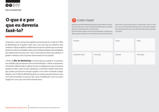 Desenvolvimento, Impacto & VocêMENTAS PRÁTICAS PARA ESTIMULAR & APOIAR INOVAÇÃO SOCIAL
Desenvolvimento, Impacto & Você FERRAMENTAS PRÁTICAS PARA ESTIMULAR & APOIAR INOVAÇÃO SOCIAL
Desenvolvimento, Impacto & VocêMENTAS PRÁTICAS PARA ESTIMULAR & APOIAR INOVAÇÃO SOCIAL
Desenvolvimento, Impacto & Você FERRAMENTAS PRÁTICAS PARA ESTIMULAR & APOIAR INOVAÇÃO SOCIAL
Comunicar o que você faz não significa necessariamente vendê-lo. O Mix
de Marketing vai te ajudar a fazer isso, caso esse seja seu objetivo, mas
também é útil para definir as diferentes formas de opinião que as pessoas
podemtersobreseutrabalho,assimcomoéútilparadestacaroportunidades
que influenciam este processo. Esse é a ferramenta chave para ajudá-lo a
ganhar confiança entre as partes interessadas no seu projeto.
A ficha de Mix de Marketing é estruturada para ajudá-lo à examinar
seu trabalho pela perspectiva dos seus beneficiários. Todos os elementos
envolvidos influenciam de alguma forma no julgamento que as pessoas
podem ter sobre o que você faz, ajudando-o a entender melhor estas áreas
que podem precisam de atenção quando você estiver tentando atingir
impacto real. O Mix de Marketing pode ser usado para determinar como
você está acionando as pessoas que estão trabalhando com você, para
engajá-los com o que você está tentando fazer.
O que é e por
que eu deveria
fazê-lo?
?COMO USAR?
NãopensequeMixdeMarketingéapenasumaatividadecomercial.
Olheparaelecomoumaoportunidadederefletirsobreseutrabalho
através da experiência de um beneficiário.
Esta ferramenta ajudar a clarear as necessidades e experiências
deleseajudaapensaremcomomelhorarsuaatualefuturaoferta.
Você pode começar preenchendo as diferenças caixas na ficha
semumaordemespecífica.Bastapercorrercadaseçãoeadaptar
suas respostas até que sinta que são suficientes para as questões
colocadas.
27
MIX DE MARKETING
Produto PreçoPraça
PromoçãoAmbiente físico Processo Pessoas
 