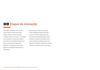 Desenvolvimento, Impacto & VocêMENTAS PRÁTICAS PARA ESTIMULAR & APOIAR INOVAÇÃO SOCIAL
Desenvolvimento, Impacto & Você FERRAMENTAS PRÁTICAS PARA ESTIMULAR & APOIAR INOVAÇÃO SOCIAL
Desenvolvimento, Impacto & VocêMENTAS PRÁTICAS PARA ESTIMULAR & APOIAR INOVAÇÃO SOCIAL
Desenvolvimento, Impacto & Você FERRAMENTAS PRÁTICAS PARA ESTIMULAR & APOIAR INOVAÇÃO SOCIAL
Inovação é algumas vezes descrita
como sendo um processo quase
mágico. Mas é um erro enxergar
inovação como um mistério. É verdade
que inovação é raramente simples e
previsível, mas olhando atentamente
para o que realmente acontece,
também é verdade que o processo
global de inovação é estruturado e
sistemático.
Apesar de que toda real inovação
é uma complexa história de voltas
e pulos, há várias etapas por qual a
maioria das inovações passam. Este
modelo é útil para o entender como
colocar ideias em práticas, focar em
diferentes métodos, diferentes modelos
mentais, necessários para cada etapa.
01 Etapas da inovação
 