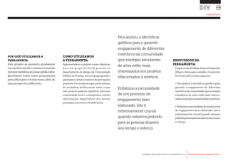 Desenvolvimento, Impacto & VocêFERRAMENTAS PRÁTICAS PARA ESTIMULAR & APOIAR INOVAÇÃO SOCIAL
Desenvolvimento, Impacto & Você FERRAMENTAS PRÁTICAS PARA ESTIMULAR & APOIAR INOVAÇÃO S
Desenvolvimento, Impacto & VocêFERRAMENTAS PRÁTICAS PARA ESTIMULAR & APOIAR INOVAÇÃO SOCIAL
POR QUÊ UTILIZAMOS A
FERRAMENTA:
Este projeto se encontra atualmente
emsuafaseinicialeestamostentando
recrutarmembrosdonossopúblicoalvo.
Queríamos testar nosso pensamento
para olhar para e testar nossa ideia de
uma perspectiva diferente.
COMO UTILIZAMOS
A FERRAMENTA:
Apresentamos o projeto e seus objetivos
para um grupo de 60-70 pessoas no
departamento de design, da Universidade
PúblicadePristina.Eraumgrupograndee
queríamoscoletaromáximodepercepções
possíveis. Os estudantes que participaram
do workshop deliberaram sobre o que
este projeto poderia significar para sua
comunidade local e conseguimos coletar
informações importantes dos nossos
principais parceiros e beneficiários.
RESULTADOS DA
FERRAMENTA:
Graçasaestaatividade,foipossívelganhar
fôlegoeritmoparaoprojeto.Oexercício
foi muito útil em dois aspectos:
• Nos ajudou a identificar gatilhos para
garantir o engajamento de diferentes
membros da comunidade (por exemplo
estudantes de artes estão mais interes-
sadosemprojetosrelacionadosàestética).
•Enfatizouanecessidadedeumprocesso
de engajamento bem elaborado. Isto é
extremamente crucial quando estamos
pedindoparaaspessoasdoaremseutempo
e esforço.
Nos ajudou a identificar
gatilhos para o garantir
engajamento de diferentes
membros da comunidade
(por exemplo estudantes
de artes estão mais
interessados em projetos
relacionados à estética).
Enfatizou a necessidade
de um processo de
engajamento bem
elaborado. Isto é
extremamente crucial
quando estamos pedindo
para as pessoas doarem
seu tempo e esforço.
CASE STUDY
 