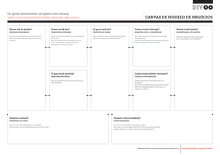 Desenvolvimento, Impacto & VocêFERRAMENTAS PRÁTICAS PARA ESTIMULAR & APOIAR INOVAÇÃO SOCIAL
Desenvolvimento, Impacto & Você FERRAMENTAS PRÁTICAS PARA ESTIMULAR & APOIAR INOVAÇÃO S
Desenvolvimento, Impacto & VocêFERRAMENTAS PRÁTICAS PARA ESTIMULAR & APOIAR INOVAÇÃO SOCIAL
CANVAS DE MODELO DE NEGÓCIOS
04
Quem irá te ajudar?
PRINCIPAIS PARCEIROS
Quem são seus principais parceiros/fornecedores?
Quais são as motivações mais importantes para as
parcerias?
O que você faz?
PROPOSTA DE VALOR
Qual a essência do valor entregue para seu público?
Quais necessidades você está satisfazendo?
Quem você ajuda?
SEGMENTAÇÃO DE CLIENTES
Você está criando valor para quais grupos?
Qual é sua audiência mais importante?
Como você faz?
PRINCIPAIS ATIVIDADES
Quais as principais atividades que a sua proposta de
valor requer?
Quais as atividades mais importantes para seus
canais de distribuição, relacionamento com
consumidores, e fluxos de receita?
Como você interage?
RELAÇÕES COM O CONSUMIDOR
Qual relacionamento o seu público alvo espera que
você estabeleça?
Como você pode integrar este relacionamento ao seu
trabalho em termos de custo e formato?
O que você precisa?
PRINCIPAIS RECURSOS
Quais os principais recursos que a sua proposta de
valor necessita?
Como você obtêm recursos?
CANAIS DE DISTRIBUIÇÃO
Através de qual canal o seu público espera ser
alcançado?
Quais canais funcionam melhor? Quanto eles custam?
Como você consegue integra-los à sua rotina e à
rotina do seu público?
Quanto custará?
ESTRUTURA DE CUSTO
Quais os custos mais importantes do seu trabalho?
Quais principais recursos/atividades possuem um custo maior?
Quanto você receberá?
FLUXO DE RECEITA
Por qual valor o seu público está disposto a pagar?
Pelo o que e como eles pagam atualmente? Como eles prefeririam pagar?
Quanto cada fluxo de receito contribui para as receitas globais?
Eu quero desenvolver um plano com clareza,
sobre como transformar minha ideia em algo maior
 