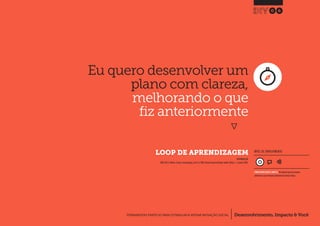 Desenvolvimento, Impacto & VocêFERRAMENTAS PRÁTICAS PARA ESTIMULAR & APOIAR INOVAÇÃO SOCIAL
Desenvolvimento, Impacto & Você FERRAMENTAS PRÁTICAS PARA ESTIMULAR & APOIAR INOVAÇÃO S
Desenvolvimento, Impacto & VocêFERRAMENTAS PRÁTICAS PARA ESTIMULAR & APOIAR INOVAÇÃO SOCIAL
Eu quero desenvolver um
plano com clareza,
melhorando o que
fiz anteriormente
}
	 LOOP DE APRENDIZAGEM
06
Desenvolvimento, Impacto & VocêFERRAMENTAS PRÁTICAS PARA ESTIMULAR & APOIAR INOVAÇÃO SOCIAL
INSPIRADO EM
IDEO (2011) Deliver: Create a learning plan, p145.In: IDEO, Human Centered Design Toolkit.Edition - 2.London: IDEO.
NÍVEL DE ENVOLVIMENTO
CONSIDERAVELMENTE SIMPLES, ferramenta que você mesmo
administra e que demanda relativamente menos tempo.
 
