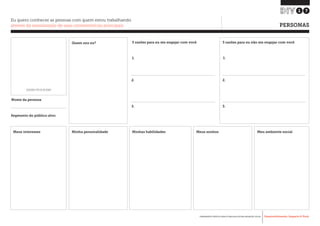 Desenvolvimento, Impacto & VocêFERRAMENTAS PRÁTICAS PARA ESTIMULAR & APOIAR INOVAÇÃO SOCIAL
Desenvolvimento, Impacto & Você FERRAMENTAS PRÁTICAS PARA ESTIMULAR & APOIAR INOVAÇÃO S
Desenvolvimento, Impacto & VocêFERRAMENTAS PRÁTICAS PARA ESTIMULAR & APOIAR INOVAÇÃO SOCIAL
Meu ambiente socialMeus sonhosMeus interesses
17
Eu quero conhecer as pessoas com quem estou trabalhando
através da visualização de suas características principais PERSONAS
Nome da persona
3 razões para eu me engajar com você
1. 1.
2. 2.
3. 3.
3 razões para eu não me engajar com você
Segmento do público alvo:
Quem sou eu?
Minha personalidade Minhas habilidades
ADICIONE FOTO OU DESENHO
 