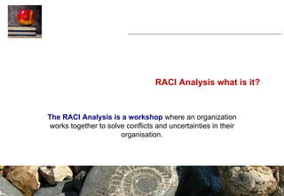 RACI Analysis what is it?
The RACI Analysis is a workshop where an organization
works together to solve conflicts and uncertainties in their
organisation.
 