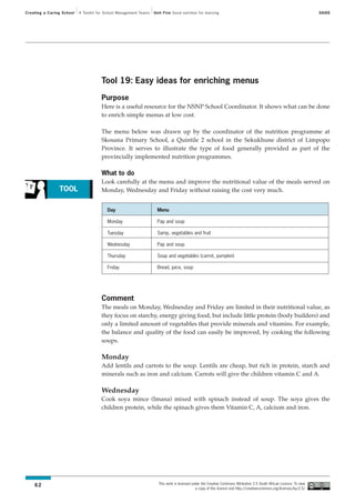 Creating a Caring School   A Toolkit for School Management Teams   Unit Five Good nutrition for learning                                                                SAIDE




                                      Tool 19: Easy ideas for enriching menus

                                      Purpose
                                      Here is a useful resource for the NSNP School Coordinator. It shows what can be done
                                      to enrich simple menus at low cost.

                                      The menu below was drawn up by the coordinator of the nutrition programme at
                                      Skosana Primary School, a Quintile 2 school in the Sekukhune district of Limpopo
                                      Province. It serves to illustrate the type of food generally provided as part of the
                                      provincially implemented nutrition programmes.

                                      What to do
                                      Look carefully at the menu and improve the nutritional value of the meals served on
                TOOL                  Monday, Wednesday and Friday without raising the cost very much.


                                         Day                        Menu

                                         Monday                     Pap and soup

                                         Tuesday                    Samp, vegetables and fruit

                                         Wednesday                  Pap and soup

                                         Thursday                   Soup and vegetables (carrot, pumpkin)

                                         Friday                     Bread, juice, soup




                                      Comment
                                      The meals on Monday, Wednesday and Friday are limited in their nutritional value, as
                                      they focus on starchy, energy giving food, but include little protein (body builders) and
                                      only a limited amount of vegetables that provide minerals and vitamins. For example,
                                      the balance and quality of the food can easily be improved, by cooking the following
                                      soups.

                                      Monday
                                      Add lentils and carrots to the soup. Lentils are cheap, but rich in protein, starch and
                                      minerals such as iron and calcium. Carrots will give the children vitamin C and A.

                                      Wednesday
                                      Cook soya mince (Imana) mixed with spinach instead of soup. The soya gives the
                                      children protein, while the spinach gives them Vitamin C, A, calcium and iron.




                                                                     This work is licensed under the Creative Commons Attribution 2.5 South African Licence. To view
    62
                                                                                             a copy of this licence visit http://creativecommons.org/licenses/by/2.5/
 