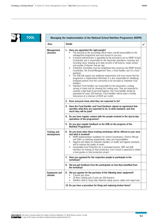 Creating a Caring School      A Toolkit for School Management Teams           Unit Five Good nutrition for learning                                            SAIDE




                 TOOL                               Managing the implementation of the National School Nutrition Programme (NSPN)

                                                Area                       Details

                                               Management                 1. Have you appointed the right people?
                                               structure                     • The principal as the accounting officer takes overall responsibility for the
                                                                                management programme and must ensure its success.
                                                                             • A teacher/administrator is appointed by the principal to act as NSNP School
                                                                                Coordinator and is responsible for the day-to-day operations: receiving and
                                                                                recording stock, keeping up to date records of all invoices, meals served
                                                                                and number of learners fed per day.
                                                                             • A Nutrition Committee must be established that comprises the NSNP School
                                                                                Coordinator, the School Management Team, a food handler, and /or a food
                                                                                gardener;
                                                                             • The SGB will support any additional requirements and must ensure that the
                                                                                programme is implemented effectively. It is also responsible for identifying
                                                                                employed parents from the community to be recruited as Volunteer Food
                                                                                Handlers.
                                                                             • Volunteer Food Handlers are responsible for the preparation, cooking,
                                                                                serving of meals and for cleaning the cooking area. They are expected to
                                                                                maintain a high level of personal hygiene. One Food Handler should be
                                                                                appointed for every 200 learners. Food Handlers will be paid a monthly
                                                                                honorarium at a minimum of R500 per month.

                                                                          2. Does everyone know what they are expected to do?

                                                                          3. Have the Food Handler and Food Gardener signed an agreement that
                                                                             specifies what they are expected to do, to what standard, and how
                                                                             much they will be paid?

                                                                          4. Do you have regular contact with the people involved in the day-to-day
                                                                             operations of the programme?

                                                                          5. Do you give regular feedback to the SGB on the progress of the
                                                                             Nutrition Programme?

                                               Training and               6. Do you know when these training workshops will be offered in your area
                                               development                   and what is involved?
                                                                             • NSNP Implementation Guidelines for School Coordinators, District Officials
                                                                                and SGBs on clarifying requirements, roles and responsibilities.
                                                                             • Hygiene and Safety for Volunteer Handlers on health and hygiene standards
                                                                                and to improve the quality of meals.
                                                                             • Sustainable Food Production for a nominated teacher, SMT and SGB
                                                                                members for training on food production. Each school is expected to initiate
                                                                                a food garden or food production project

                                                                          7. Have you oganised for the respective people to participate in the
                                                                             workshops?

                                                                          8. Did you get feedback from the participants on how they benefited from
                                                                             the workshop?

                                               Equipment and              9. Did you oganise for the purchase of the following basic equipment?
                                               utensils                      • 3 burner gas stove
                                                                             • 20 litres cooking pots (3 pots per 500 learners)
                                                                             • Stainless steel or heavy duty melamine eating spoons, plates and mugs/cups.

                                                                          10. Do you have a procedure for fixing and replacing broken items?




           This work is licensed under the Creative Commons Attribution 2.5 South African Licence. To view
           a copy of this licence visit http://creativecommons.org/licenses/by/2.5/
                                                                                                                                                           53
 