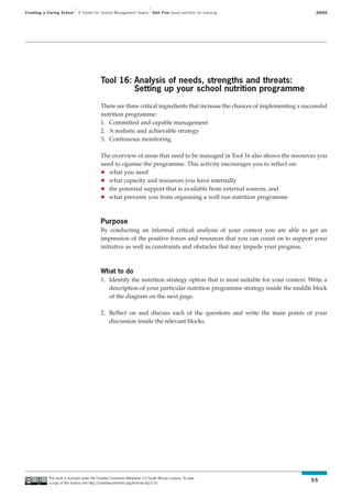 Creating a Caring School      A Toolkit for School Management Teams           Unit Five Good nutrition for learning                SAIDE




                                             Tool 16: Analysis of needs, strengths and threats:
                                                      Setting up your school nutrition programme

                                             There are three critical ingredients that increase the chances of implementing a successful
                                             nutrition programme:
                                             1. Committed and capable management
                                             2. A realistic and achievable strategy
                                             3. Continuous monitoring

                                             The overview of areas that need to be managed in Tool 16 also shows the resources you
                                             need to oganise the programme. This activity encourages you to reflect on:
                                                what you need
                                                what capacity and resources you have internally
                                                the potential support that is available from external sources, and
                                                what prevents you from organising a well run nutrition programme



                                             Purpose
                                             By conducting an informal critical analysis of your context you are able to get an
                                             impression of the positive forces and resources that you can count on to support your
                                             initiative as well as constraints and obstacles that may impede your progress.



                                             What to do
                                             1. Identify the nutrition strategy option that is most suitable for your context. Write a
                                                description of your particular nutrition programme strategy inside the middle block
                                                of the diagram on the next page.

                                             2. Reflect on and discuss each of the questions and write the main points of your
                                                discussion inside the relevant blocks.




           This work is licensed under the Creative Commons Attribution 2.5 South African Licence. To view
           a copy of this licence visit http://creativecommons.org/licenses/by/2.5/
                                                                                                                                 55
 