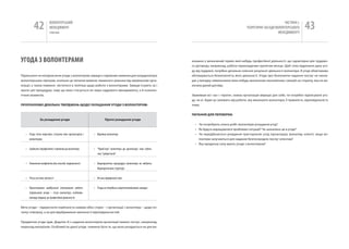 42            вОЛОНТЕРСЬкиЙ
                        МЕНЕДЖМЕНТ
                        помічник
                                                                                                                                                                          чАСТиНА і.
                                                                                                                                                   ТЕОРЕТичНі ЗАСАДи вОЛОНТЕРСЬкОгО
                                                                                                                                                                       МЕНЕДЖМЕНТУ
                                                                                                                                                                                            43

угОДа З ВОЛОНТЕРаМИ                                                                                          конання у визначений термін якої-небудь професійної діяльності, що характерне для трудово-
                                                                                                             го договору, наприклад, робота перекладачем протягом місяця. Щоб чітко відрізнити дану уго-
                                                                                                             ду від трудової, потрібно детально описати результат діяльності волонтера. В угоді обов‘язково
Підписання чи непідписання угоди з волонтером завжди є наріжним каменем для координатора                     обговорюється безоплатність його діяльності. угода про безоплатне надання послуг не накла-
волонтерських програм, оскільки це питання вимагає зваженого рішення від керівництва орга-                   дає у випадку невиконання яких-небудь визначених економічних санкцій на сторону, яка не ви-
нізації, а також повинно міститися в політиці щодо роботи з волонтерами. Завжди існують за і                 конала даний договір.
проти цієї процедури, тому що вона стосується не лише кадрового менеджменту, а й психоло-
гічних моментів.                                                                                             Зваживши всі «за» і «проти», кожна організація вирішує для себе, чи потрібно підписувати уго-
                                                                                                             ду, чи ні. Адже це залежить від роботи, яку виконують волонтери, її тривалість, відповідальність
ПроПоНУєМо ДеКІльКА ТВерДжеНь щоДо УКлАДАННЯ УгоДИ з ВолоНТероМ:                                             тощо.


                                                                                                             ПИТАННЯ ДлЯ ПереВІрКИ:
               за укладання угоди                                Проти укладання угоди
                                                                                                               • чи потребують описи робіт волонтерів укладання угод?
                                                                                                               • як будуть вирішуватися проблемні ситуації? чи зазначено це в угоді?
   • Угода чітко окреслює стосунки між організацією і   • відлякує волонтера                                   • чи передбачається укладання тристоронніх угод (організація, волонтер, клієнт), якщо во-
     волонтером                                                                                                  лонтери залучаються для надання безпосередніх послуг клієнтам?
                                                                                                               • яку юридичну силу мають угоди з волонтером?
   • Серйозне (професійне) ставлення до волонтера       • “Прив‘язує” волонтера до організації, чим губить
                                                          сенс “доброї волі”


   • Уникнення конфліктів або способи вирішення їх      • Бюрократична процедура (волонтери не люблять
                                                          бюрократичних структур)


   • чітка система звітності                            • Не має юридичної сили


   • Проектування майбутньої оплачуваної роботи         • Угода не потрібна в короткотермінових заходах
     (підписання угоди – готує волонтера, особливо
     молоду людину, до професійної діяльності)


Мета угоди – підкреслити серйозність намірів обох сторін – і організації, і волонтера – щодо по-
чатку співпраці, а не для відображення законності відповідальностей.


Предметом угоди (див. Додаток 4) є надання волонтером організації певних послуг, наприклад,
переклад матеріалів. Особливістю даної угоди повинно бути те, що вона укладається не для ви-
 