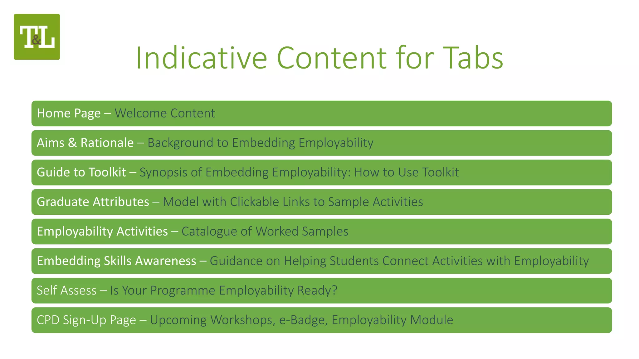 Indicative Content for Tabs
Home Page – Welcome Content
Aims & Rationale – Background to Embedding Employability
Guide to Toolkit – Synopsis of Embedding Employability: How to Use Toolkit
Graduate Attributes – Model with Clickable Links to Sample Activities
Employability Activities – Catalogue of Worked Samples
Embedding Skills Awareness – Guidance on Helping Students Connect Activities with Employability
Self Assess – Is Your Programme Employability Ready?
CPD Sign-Up Page – Upcoming Workshops, e-Badge, Employability Module
 