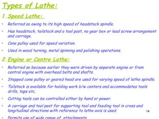 14
Types of Lathe:
1.Speed Lathe:
• Referred so owing to its high speed of headstock spindle.
• Has headstock, tailstock and a tool post, no gear box or lead screw arrangement
and carriage.
• Cone pulley used for speed variation.
• Used in wood turning, metal spinning and polishing operations.
2.Engine or Centre Lathe:
• Referred so because earlier they were driven by separate engine or from
central engine with overhead belts and shafts.
• Stepped cone pulley or geared head are used for varying speed of lathe spindle.
• Tailstock is available for holding work b/w centers and accommodates tools
drills, taps etc.
• Cutting tools can be controlled either by hand or power.
• A carriage and tool post for supporting tool and feeding tool in cross and
longitudinal directions with reference to lathe axis is used.
 