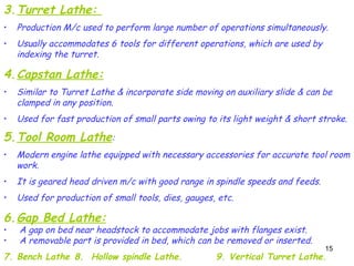 15
3.Turret Lathe:
• Production M/c used to perform large number of operations simultaneously.
• Usually accommodates 6 tools for different operations, which are used by
indexing the turret.
4.Capstan Lathe:
• Similar to Turret Lathe & incorporate side moving on auxiliary slide & can be
clamped in any position.
• Used for fast production of small parts owing to its light weight & short stroke.
5.Tool Room Lathe:
• Modern engine lathe equipped with necessary accessories for accurate tool room
work.
• It is geared head driven m/c with good range in spindle speeds and feeds.
• Used for production of small tools, dies, gauges, etc.
6.Gap Bed Lathe:
• A gap on bed near headstock to accommodate jobs with flanges exist.
• A removable part is provided in bed, which can be removed or inserted.
7. Bench Lathe 8. Hollow spindle Lathe. 9. Vertical Turret Lathe.
 