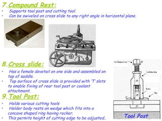 19
7.Compound Rest:
• Supports tool post and cutting tool.
• Can be swiveled on cross slide to any right angle in horizontal plane.
9.Tool Post:
• Holds various cutting tools
• Holder body rests on wedge which fits into a
concave shaped ring having rocker.
• This permits height of cutting edge to be adjusted.. Tool Post
8.Cross slide:
• Has a female dovetail on one side and assembled on
top of saddle.
• Top surface of cross slide is provided with ‘T’ slots
to enable fixing of rear tool post or coolant
attachment.
 