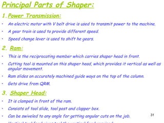 31
Principal Parts of Shaper:
1.Power Transmission:
• An electric motor with V belt drive is used to transmit power to the machine.
• A gear train is used to provide different speed.
• Speed change lever is used to shift he gears.
2. Ram:
• This is the reciprocating member which carries shaper head in front.
• Cutting tool is mounted on this shaper head, which provides it vertical as well as
angular movement.
• Ram slides on accurately machined guide ways on the top of the column.
• Gets drive from QRM.
3. Shaper Head:
• It is clamped in front of the ram.
• Consists of tool slide, tool post and clapper box.
• Can be swiveled to any angle for getting angular cuts on the job.
 
