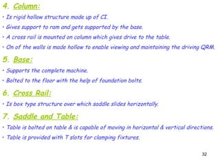 32
4. Column:
• Is rigid hollow structure made up of CI.
• Gives support to ram and gets supported by the base.
• A cross rail is mounted on column which gives drive to the table.
• On of the walls is made hollow to enable viewing and maintaining the driving QRM.
5. Base:
• Supports the complete machine.
• Bolted to the floor with the help of foundation bolts.
6. Cross Rail:
• Is box type structure over which saddle slides horizontally.
7. Saddle and Table:
• Table is bolted on table & is capable of moving in horizontal & vertical directions.
• Table is provided with T slots for clamping fixtures.
 