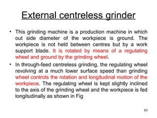 External centreless grinder
• This grinding machine is a production machine in which
out side diameter of the workpiece is ground. The
workpiece is not held between centres but by a work
support blade. It is rotated by means of a regulating
wheel and ground by the grinding wheel.
• In through-feed centreless grinding, the regulating wheel
revolving at a much lower surface speed than grinding
wheel controls the rotation and longitudinal motion of the
workpiece. The regulating wheel is kept slightly inclined
to the axis of the grinding wheel and the workpiece is fed
longitudinally as shown in Fig
63
 