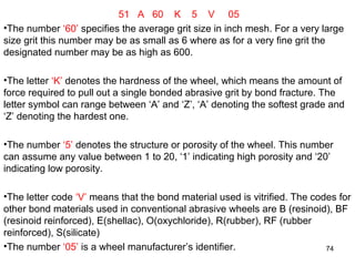 51 A 60 K 5 V 05
•The number ‘60’ specifies the average grit size in inch mesh. For a very large
size grit this number may be as small as 6 where as for a very fine grit the
designated number may be as high as 600.
•The letter ‘K’ denotes the hardness of the wheel, which means the amount of
force required to pull out a single bonded abrasive grit by bond fracture. The
letter symbol can range between ‘A’ and ‘Z’, ‘A’ denoting the softest grade and
‘Z’ denoting the hardest one.
•The number ‘5’ denotes the structure or porosity of the wheel. This number
can assume any value between 1 to 20, ‘1’ indicating high porosity and ‘20’
indicating low porosity.
•The letter code ‘V’ means that the bond material used is vitrified. The codes for
other bond materials used in conventional abrasive wheels are B (resinoid), BF
(resinoid reinforced), E(shellac), O(oxychloride), R(rubber), RF (rubber
reinforced), S(silicate)
•The number ‘05’ is a wheel manufacturer’s identifier. 74
 