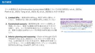 ?о
ĩ`ʹ?ΤInstruction tuning dataΘBˤĤƤ?о(Li et al., 2023a;
Patil et al., 2023; Tang et al., 2023; Xu et al., 2023b)Ȥ3Ĥβ
1. Limited APIs FgAPI(e.g., REST API)v뤷
ʤԤΤʤޤ줿IAPIʹƤʤ
2. Constrained scenarioȴоυg?Υĩ`ʹ?
]ƤʤFgǤ}APIMߺϤ碌ƥ
⤯ޤ`APIָ뤳Ȥ붨Ƥ
FgǤĪ?API`ضAPIx֤Τy

3. Inferior planning and reasoningChain-of-thought (CoT)
ReACT (Yao et al., 2022)ȤäץץȤʹ?
ǤϣLLM??֤}jQ
ȤǤʤ(ĩ`ʹ?Q)`ץ󥽩`LLM
SOTALLM (e.g., ChatGPT, GPT-4) Ӥ룮
?https://www.redhat.com/ja/topics/api/what-is-a-rest-api
 