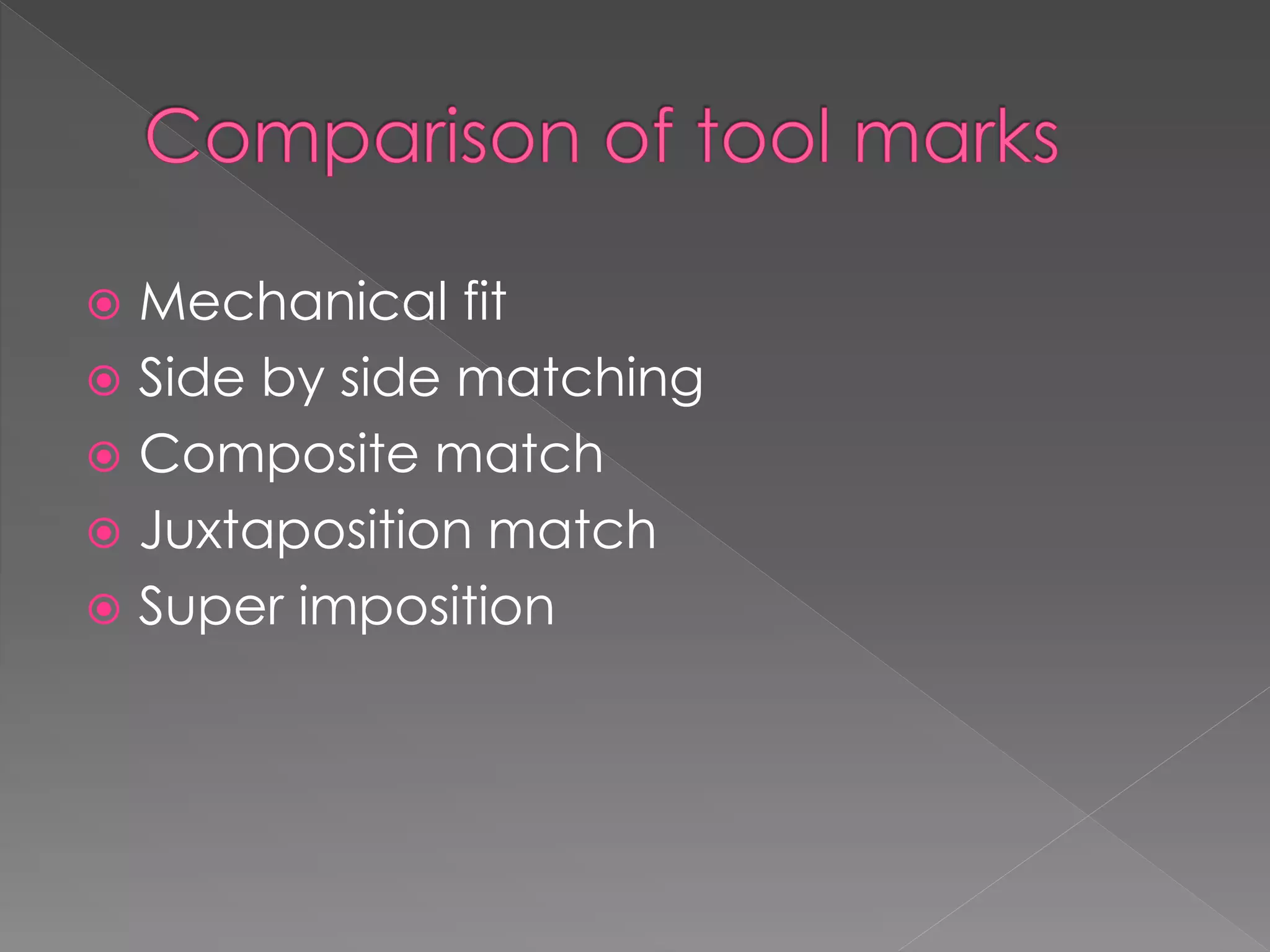  Mechanical fit
 Side by side matching
 Composite match
 Juxtaposition match
 Super imposition
 