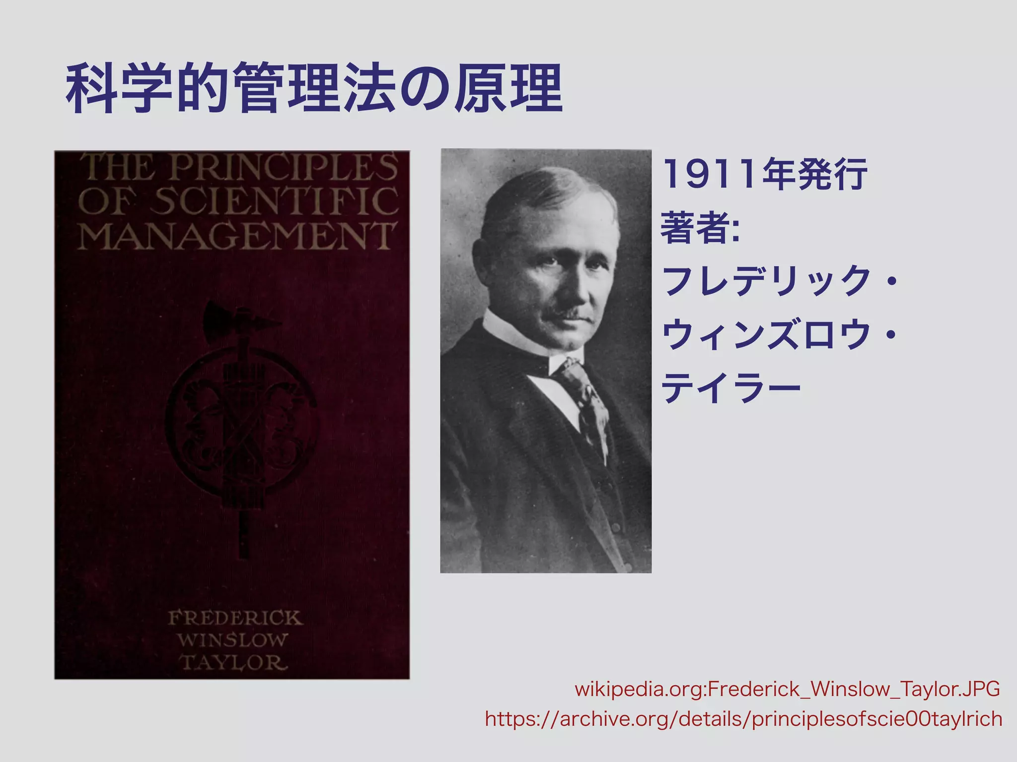 科学的管理法の原理
1911年発行
著者:
フレデリック・
ウィンズロウ・
テイラー
https://archive.org/details/principlesofscie00taylrich
wikipedia.org:Frederick_Winslow_Taylor.JPG
 