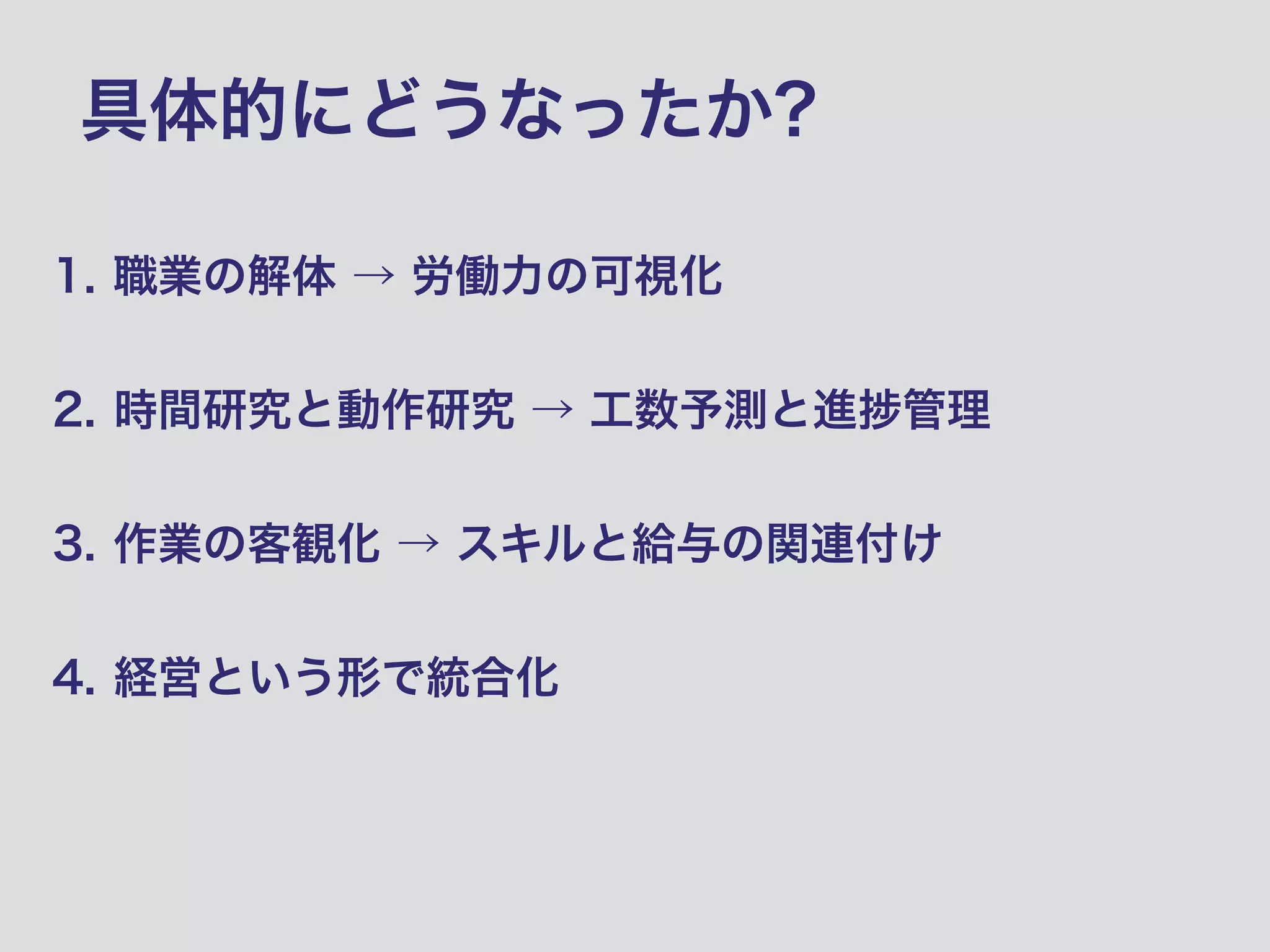 具体的にどうなったか?
1. 職業の解体 → 労働力の可視化
!
2. 時間研究と動作研究 → 工数予測と進 管理 
3. 作業の客観化 → スキルと給与の関連付け 
4. 経営という形で統合化
 