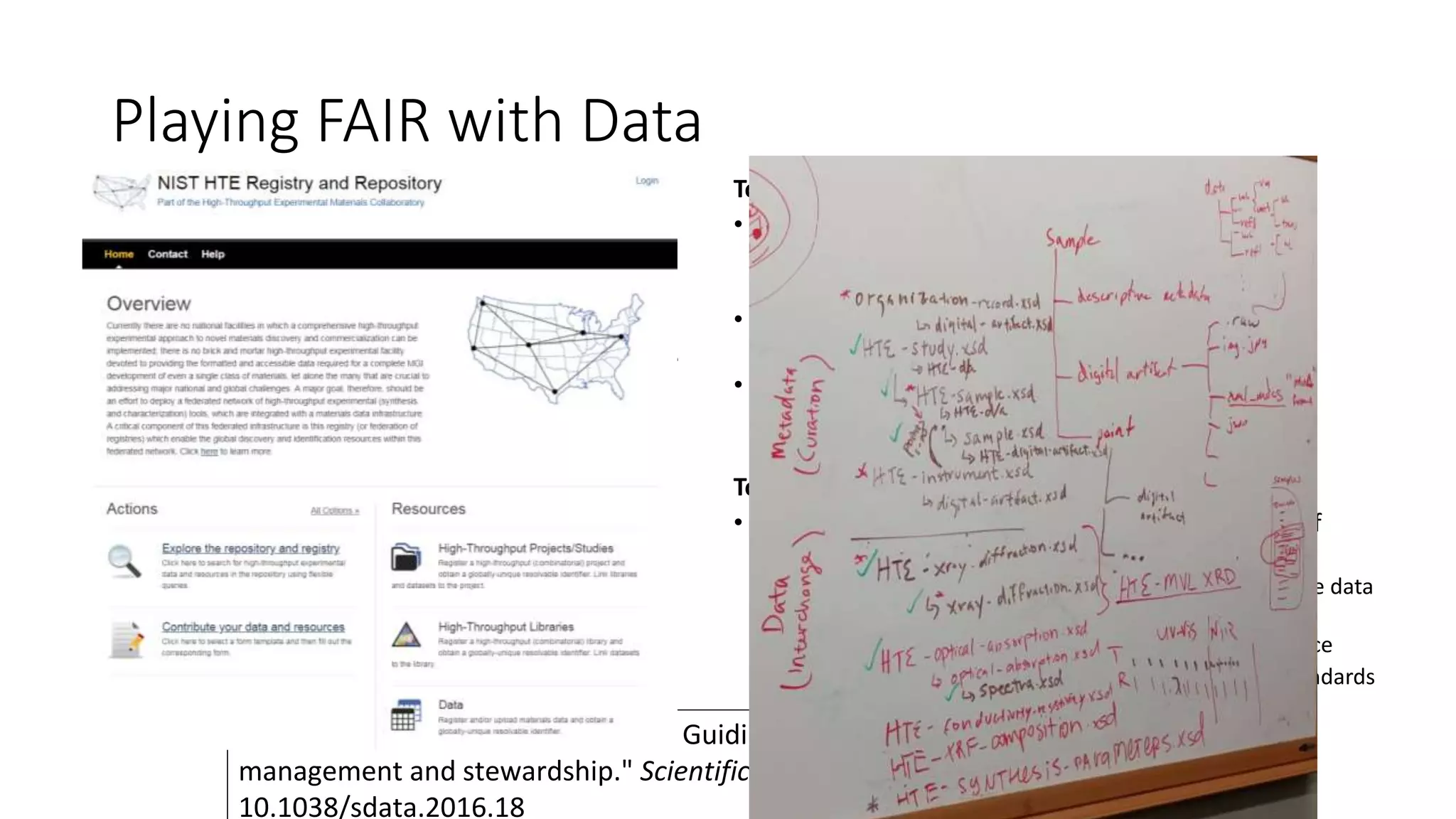 Playing FAIR with Data
To be Findable:
• (meta)data are assigned a globally unique and
persistent identifier
• data are described with rich metadata
• metadata clearly and explicitly include the identifier
of the data it describes
• (meta)data are registered or indexed in a searchable
resource
To be Accessible:
• (meta)data are retrievable by their identifier using a
standardized communications protocol
– the protocol is open, free, and universally
implementable
– the protocol allows for an authentication and
authorization procedure, where necessary
• metadata are accessible, even when the data are no
longer available
To be Interoperable:
• (meta)data use a formal, accessible, shared, and
broadly applicable language for knowledge
representation.
• (meta)data use vocabularies that follow FAIR
principles
• (meta)data include qualified references to other
(meta)data
To be Reusable:
• meta(data) are richly described with a plurality of
accurate and relevant attributes
– (meta)data are released with a clear and accessible data
usage license
– (meta)data are associated with detailed provenance
– (meta)data meet domain-relevant community standards
Wilkinson, Mark D., et al. "The FAIR Guiding Principles for scientific data
management and stewardship." Scientific data 3 (2016). DOI:
10.1038/sdata.2016.18
 