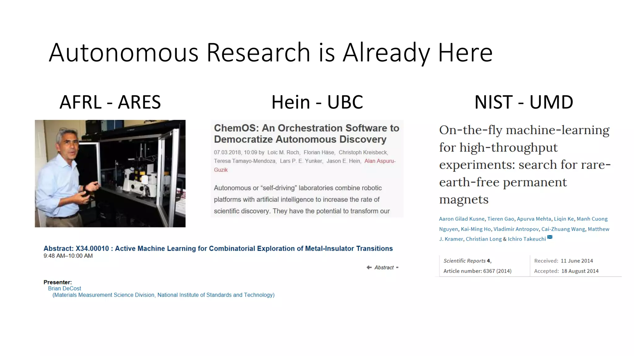 Autonomous Research is Already Here
AFRL - ARES Hein - UBC NIST - UMD
 
