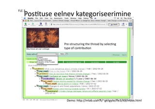 Pre-­‐structuring	
  the	
  thread	
  by	
  selec8ng	
  
type	
  of	
  contribu8on	
  
FLE	
  3	
  
Demo:	
  h>p://mlab.uiah.ﬁ/~gkligyte/ﬂe3/KB/index.html	
  
Pos8tuse	
  eelnev	
  kategoriseerimine	
  
 