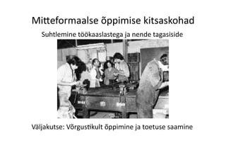 Mi>eformaalse	
  õppimise	
  kitsaskohad	
  
Suhtlemine	
  töökaaslastega	
  ja	
  nende	
  tagasiside	
  
Väljakutse:	
  Võrgus8kult	
  õppimine	
  ja	
  toetuse	
  saamine	
  
 