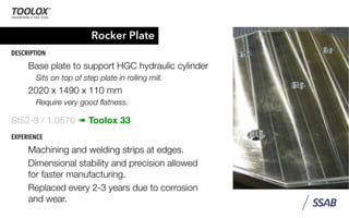 Rocker Plate
DESCRIPTION
Base plate to support HGC hydraulic cylinder
Sits on top of step plate in rolling mill.
2020 x 1490 x 110 mm
Require very good ﬂatness.
St52-3 / 1.0570 ➠ Toolox 33
EXPERIENCE
Machining and welding strips at edges.
Dimensional stability and precision allowed
for faster manufacturing.
Replaced every 2-3 years due to corrosion
and wear.
 