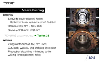 Sleeve Bushing
DESCRIPTION
Sleeve to cover cracked rollers.
Replacement roller took over a month to deliver.
Rollers ⌀ 950 mm L 1087 mm
Sleeve ⌀ 950 mm L 300 mm
17CrNiMo6 CASE HARDENING ➠ Toolox 33
EXPERIENCE
2 rings of thickness 165 mm used
Cut, bent, welded, and crimped onto roller
Production downtime minimized while
waiting for replacement roller.
 