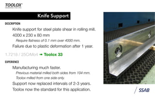 Knife Support
DESCRIPTION
Knife support for steel plate shear in rolling mill.
4000 x 230 x 80 mm
Require ﬂatness of 0.1 mm over 4000 mm.
Failure due to plastic deformation after 1 year.
1.7218 / 25CrMo4 ➠ Toolox 33
EXPERIENCE
Manufacturing much faster.
Previous material milled both sides from 104 mm.
Toolox milled from one side only.
Support now replaced intervals of 2-3 years.
Toolox now the standard for this application.
 