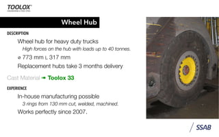 Wheel Hub
DESCRIPTION
Wheel hub for heavy duty trucks
High forces on the hub with loads up to 40 tonnes.
⌀ 773 mm L 317 mm
Replacement hubs take 3 months delivery
Cast Material ➠ Toolox 33
EXPERIENCE
In-house manufacturing possible
3 rings from 130 mm cut, welded, machined.
Works perfectly since 2007.
 