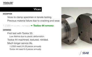 Vices
DESCRIPTION
Vices to clamp specimen in tensile testing.
Previous material failure due to cracking and wear.
1.2358 HT 55 HRC + NITRIDED ➠ Toolox 44 NITRIDED
EXPERIENCE
First test with Toolox 33.
Low lifetime due to plastic deformation.
Toolox 44 machined, textured, nitrided.
Much longer service life.
1.2358 need 24-28 pieces annually.
Toolox 44 need 6-8 pieces annually.
 