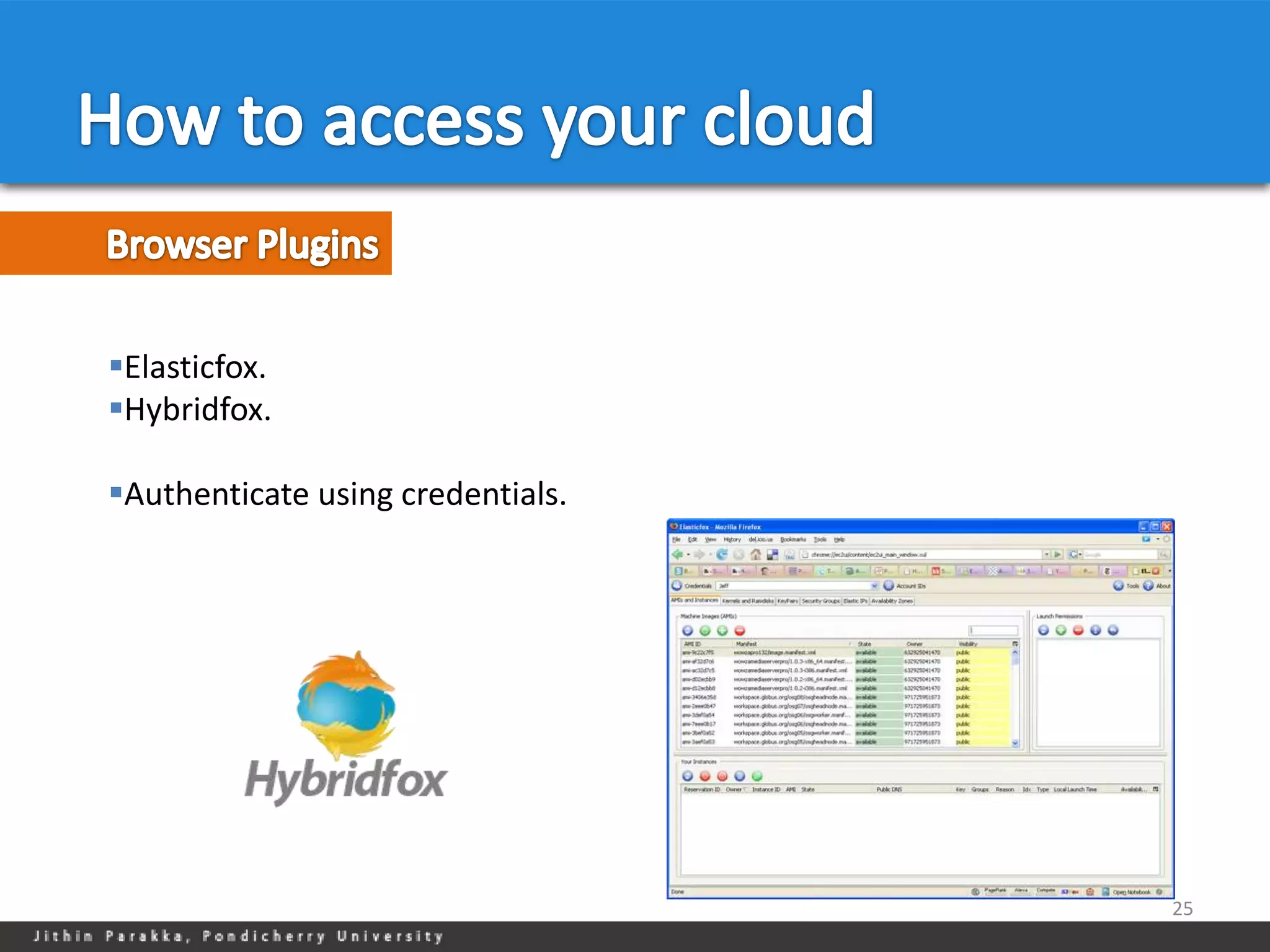 Elasticfox.
Hybridfox.

Authenticate using credentials.




                                   25
 
