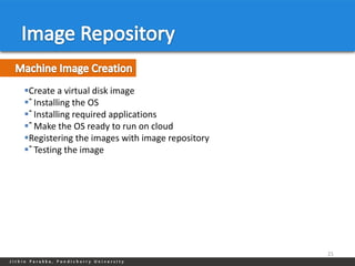 Create a virtual disk image
ˆ Installing the OS
ˆ Installing required applications
ˆ Make the OS ready to run on cloud
Registering the images with image repository
ˆ Testing the image




                                                21
 