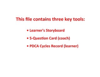 •	
  Learner's	
  Storyboard	
  
	
  
•	
  5-­‐Ques4on	
  Card	
  (coach)	
  
	
  
•	
  PDCA	
  Cycles	
  Record	
  (learner)	
  
This	
  ﬁle	
  contains	
  three	
  key	
  tools:	
  
 
