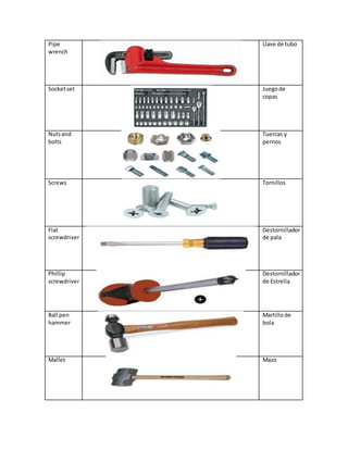 Pipe
wrench
Llave de tubo
Socketset Juegode
copas
Nutsand
bolts
Tuercas y
pernos
Screws Tornillos
Flat
screwdriver
Destornillador
de pala
Phillip
screwdriver
Destornillador
de Estrella
Ball pen
hammer
Martillode
bola
Mallet Mazo
 
