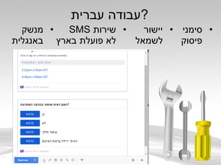 ‫עברית‬ ‫?עבודה‬
•‫מנשק‬
‫באנגלית‬
•‫שירות‬SMS
‫בארץ‬ ‫פועלת‬ ‫לא‬
•‫יישור‬
‫לשמאל‬
•‫סימני‬
‫פיסוק‬
 