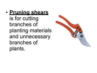 • Pruning shears
is for cutting
branches of
planting materials
and unnecessary
branches of
plants.
 