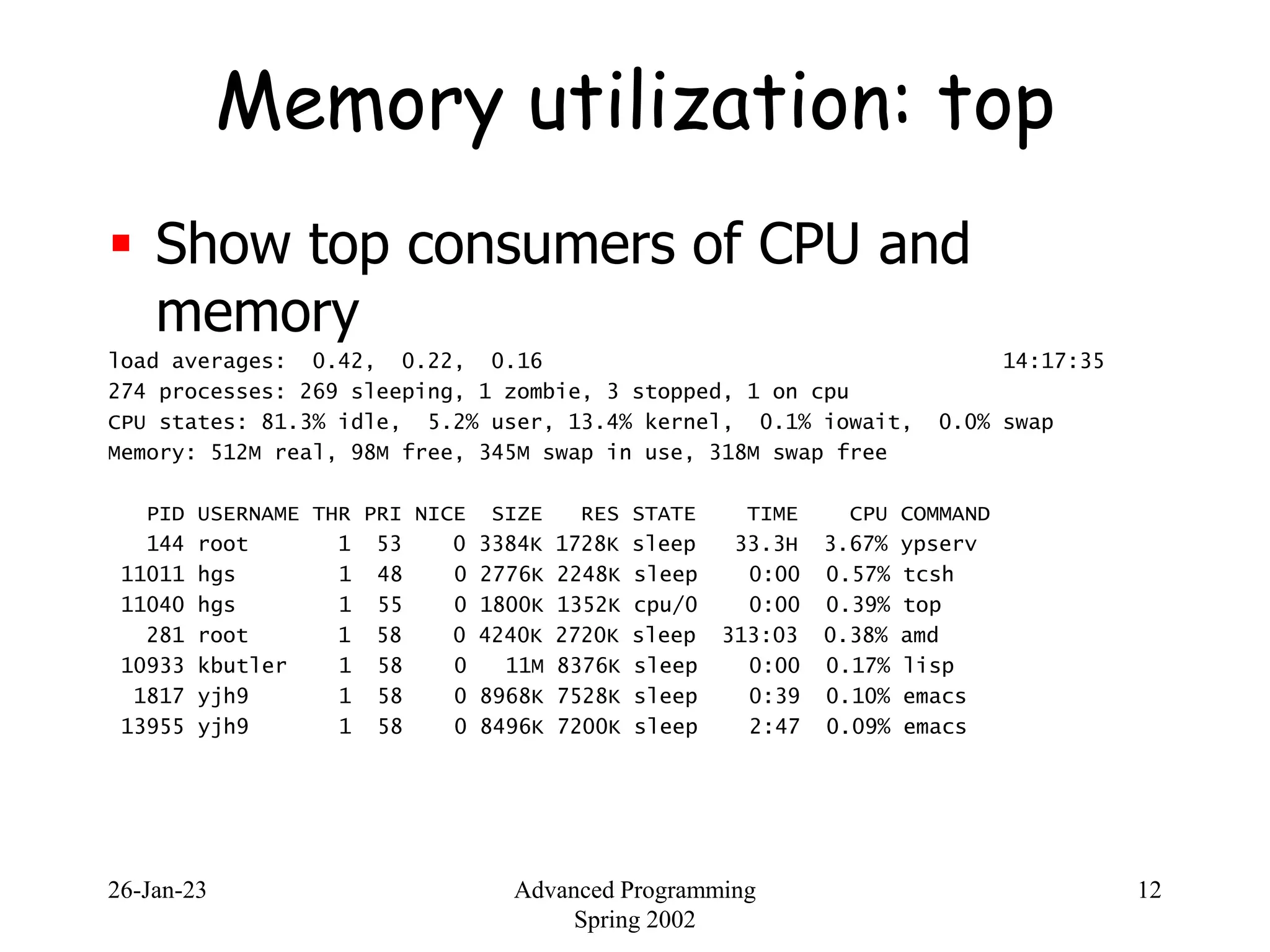 26-Jan-23 Advanced Programming
Spring 2002
12
Memory utilization: top
 Show top consumers of CPU and
memory
load averages: 0.42, 0.22, 0.16 14:17:35
274 processes: 269 sleeping, 1 zombie, 3 stopped, 1 on cpu
CPU states: 81.3% idle, 5.2% user, 13.4% kernel, 0.1% iowait, 0.0% swap
Memory: 512M real, 98M free, 345M swap in use, 318M swap free
PID USERNAME THR PRI NICE SIZE RES STATE TIME CPU COMMAND
144 root 1 53 0 3384K 1728K sleep 33.3H 3.67% ypserv
11011 hgs 1 48 0 2776K 2248K sleep 0:00 0.57% tcsh
11040 hgs 1 55 0 1800K 1352K cpu/0 0:00 0.39% top
281 root 1 58 0 4240K 2720K sleep 313:03 0.38% amd
10933 kbutler 1 58 0 11M 8376K sleep 0:00 0.17% lisp
1817 yjh9 1 58 0 8968K 7528K sleep 0:39 0.10% emacs
13955 yjh9 1 58 0 8496K 7200K sleep 2:47 0.09% emacs
 