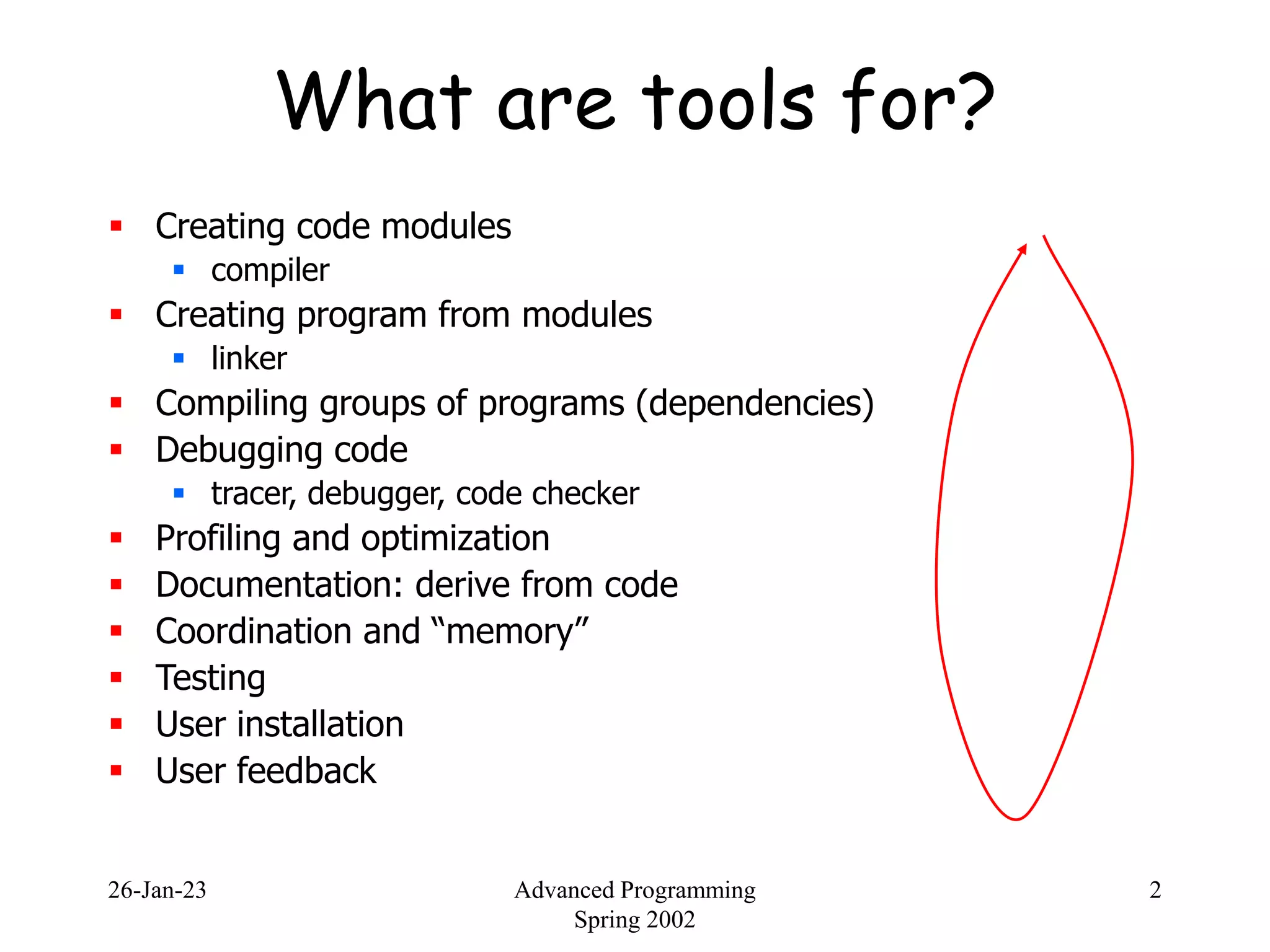26-Jan-23 Advanced Programming
Spring 2002
2
What are tools for?
 Creating code modules
 compiler
 Creating program from modules
 linker
 Compiling groups of programs (dependencies)
 Debugging code
 tracer, debugger, code checker
 Profiling and optimization
 Documentation: derive from code
 Coordination and “memory”
 Testing
 User installation
 User feedback
 